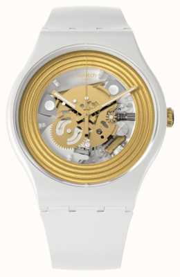 Swatch Relógio de mostrador de esqueleto branco anéis dourados SO29W107