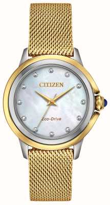 Citizen Malha pvd dourada com mostrador de diamante eco-drive feminino EM0794-54D